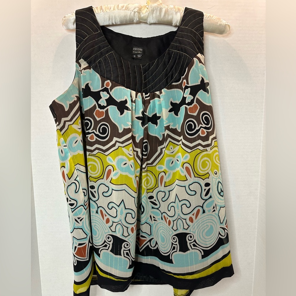 Nicole Miller Sleeveless Paisley Top Lined Black Aqua Gold Top Stitch Accent 10